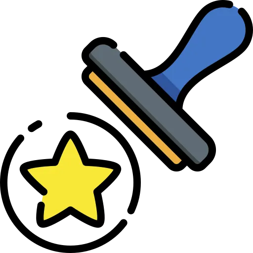 Ícono de una estrella amarilla bajo un sello que representa la puntualidad en la impresión de folletos.